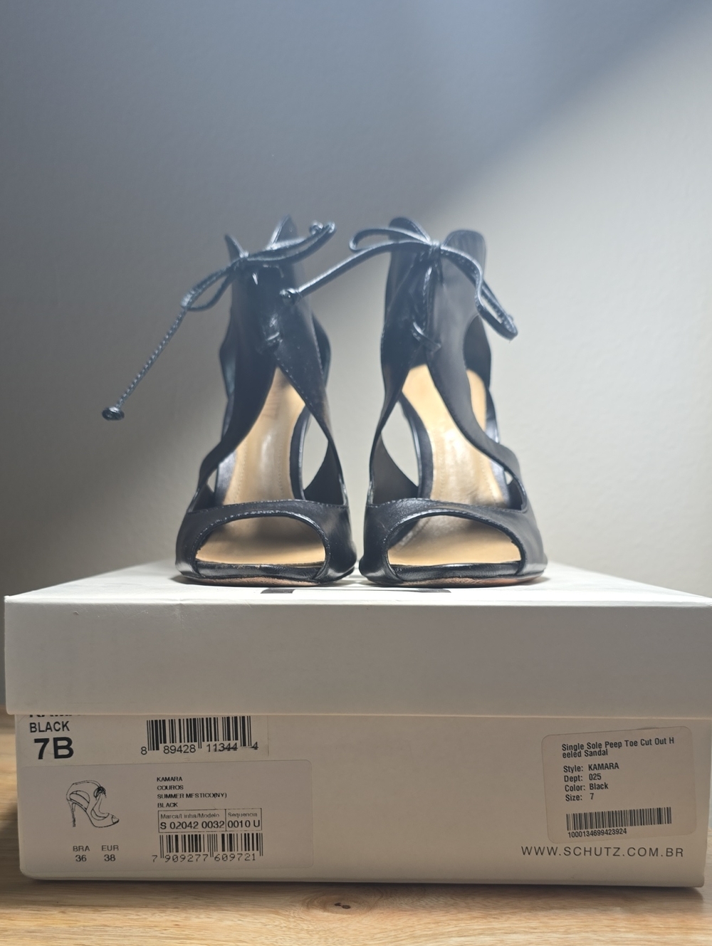 SCHUTZ Black Lace-Up Peep Toe Stiletto Sandals
